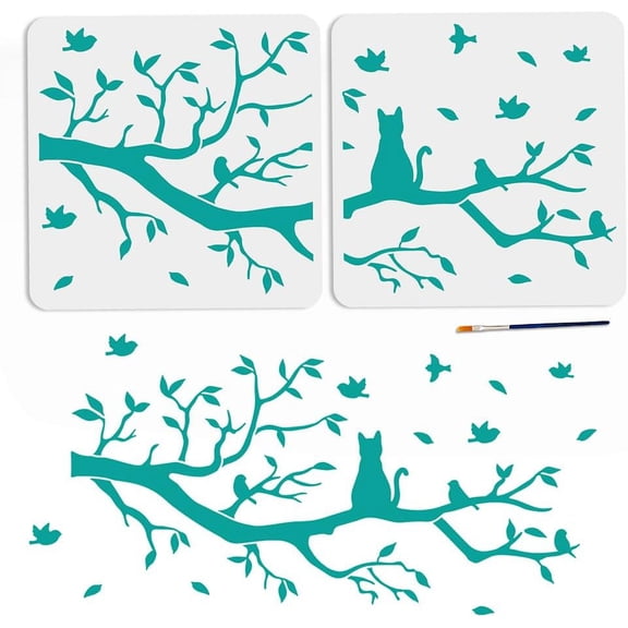 2pcs Cat Bird On Branch Stencils Cat Birds Tree Branches Stencil Splicing Size 2210.9inch with Paint Brush Painting on Wood Fabric Canvas Wall DIY Art Projects