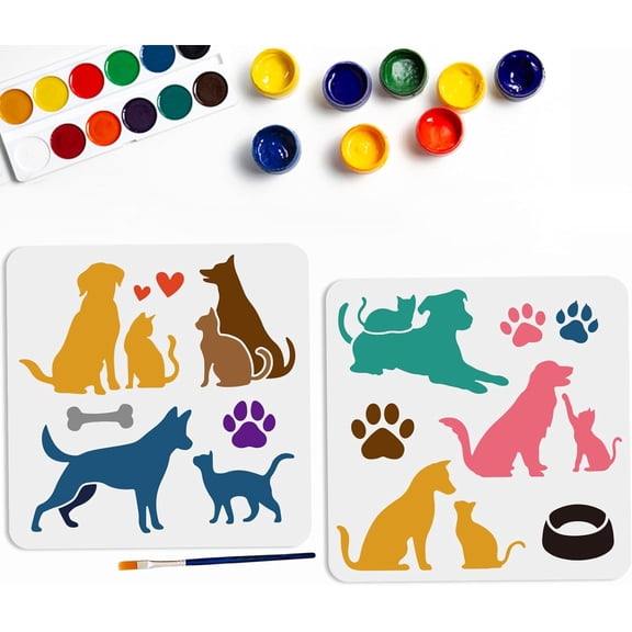 2pcs Cat Dog Stencils 11.8×11.8inch Love Pet Animal Stencil with Paint Brush Reusable Dog Paw Print Bone Dog Bowl Template
