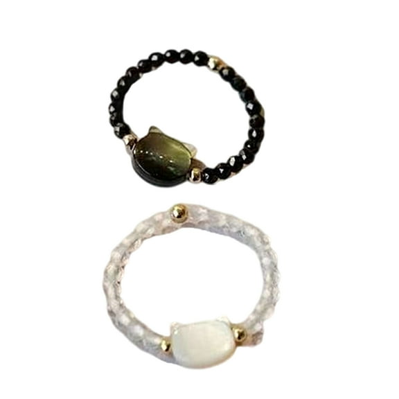 2pcs Cats Inspired Adjustable Rings Moonstone Obsidian Rings Fashionable Finger Jewelry Accessory for Animal Lovers