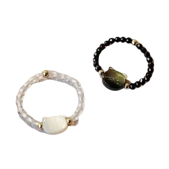 2pcs Cats Inspired Adjustable Rings Moonstone Obsidians Rings Fashionable Finger Jewelry Accessory for Lovers