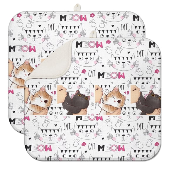 2pcs Cats and Hearts Pattern Dish Mat - Absorbent Microfiber Kitchen Drying Pad, Cute Cat Print, Foldable & Heat Resistant, Pet Lover Gift