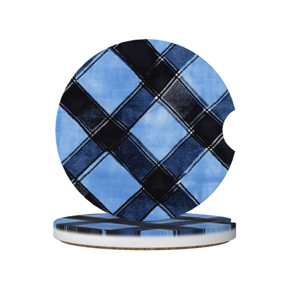 2pcs Ceramic Car Coasters Standard Size With Cork Base And Removal Notch Fits Most Vehicles Truck Suv Boat Coffee Drink Drip Catcher Argyle Plaid Doderblue_1