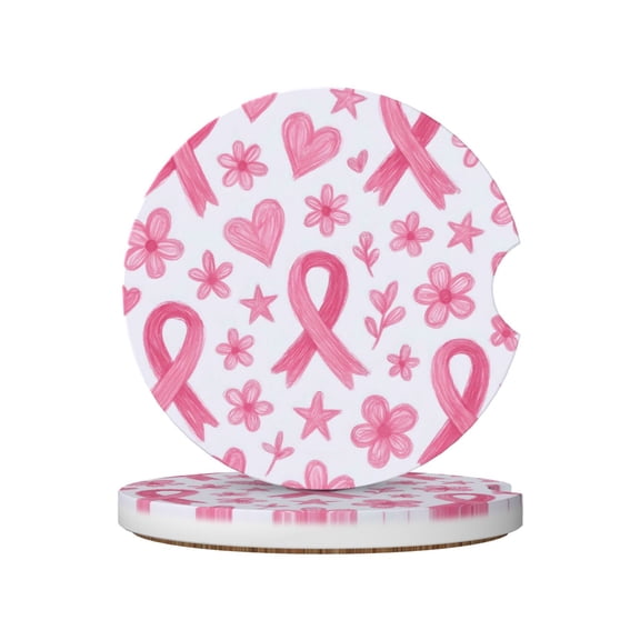 2pcs Ceramic Car Coasters Standard Size With Cork Base And Removal Notch Fits Most Vehicles Truck Suv Boat Coffee Drink Drip Catcher Artistic Pink Ribbon Pattern With Sketched Elements