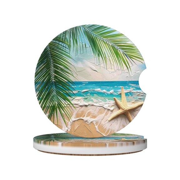 2pcs Ceramic Car Coasters Standard Size With Cork Base And Removal Notch Fits Most Vehicles Truck Suv Boat Coffee Drink Drip Catcher Beach Palm Leaf Starfish (4) (1)
