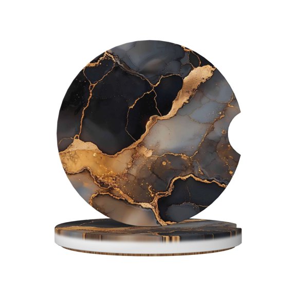 2pcs Ceramic Car Coasters Standard Size With Cork Base And Removal Notch Fits Most Vehicles Truck Suv Boat Coffee Drink Drip Catcher Black And White Gold Marble