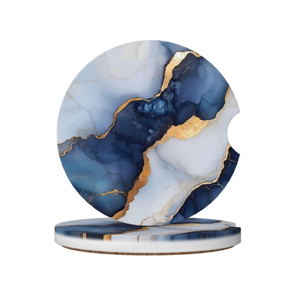2pcs Ceramic Car Coasters Standard Size With Cork Base And Removal Notch Fits Most Vehicles Truck Suv Boat Coffee Drink Drip Catcher Blue White Gold Marble