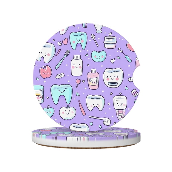 2pcs Ceramic Car Coasters Standard Size With Cork Base And Removal Notch Fits Most Vehicles Truck Suv Boat Coffee Drink Drip Catcher Cartoon Toothbrush, Toothpaste And Toothpick Elements