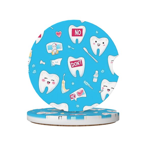 2pcs Ceramic Car Coasters Standard Size With Cork Base And Removal Notch Fits Most Vehicles Truck Suv Boat Coffee Drink Drip Catcher Cartoon Toothbrush, Toothpaste And Toothpick Elements (4)