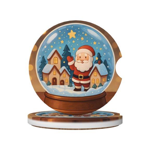 2pcs Ceramic Car Coasters Standard Size With Cork Base And Removal Notch Fits Most Vehicles Truck Suv Boat Coffee Drink Drip Catcher Christmas Snow Globe