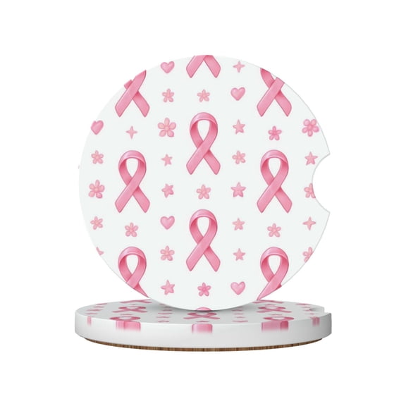 2pcs Ceramic Car Coasters Standard Size With Cork Base And Removal Notch Fits Most Vehicles Truck Suv Boat Coffee Drink Drip Catcher Classic Pink Ribbon Pattern With Decorative Elements