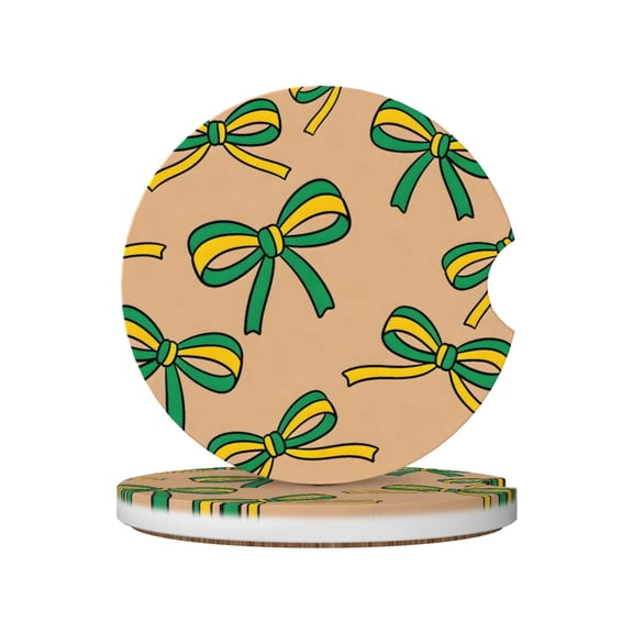 2pcs Ceramic Car Coasters Standard Size With Cork Base And Removal Notch Fits Most Vehicles Truck Suv Boat Coffee Drink Drip Catcher Green And Yellow Bow