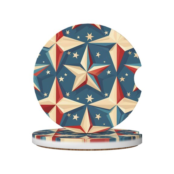 2pcs Ceramic Car Coasters Standard Size With Cork Base And Removal Notch Fits Most Vehicles Truck Suv Boat Coffee Drink Drip Catcher Independence Day Theme Elements Star (7)