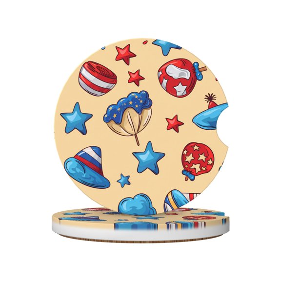 2pcs Ceramic Car Coasters Standard Size With Cork Base And Removal Notch Fits Most Vehicles Truck Suv Boat Coffee Drink Drip Catcher Independence Day Theme Elements Star (3)