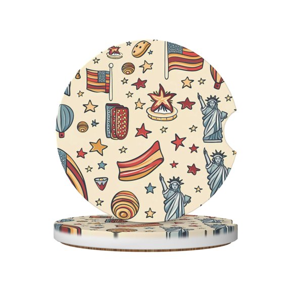2pcs Ceramic Car Coasters Standard Size With Cork Base And Removal Notch Fits Most Vehicles Truck Suv Boat Coffee Drink Drip Catcher Independence Day Theme Elements Star (4)