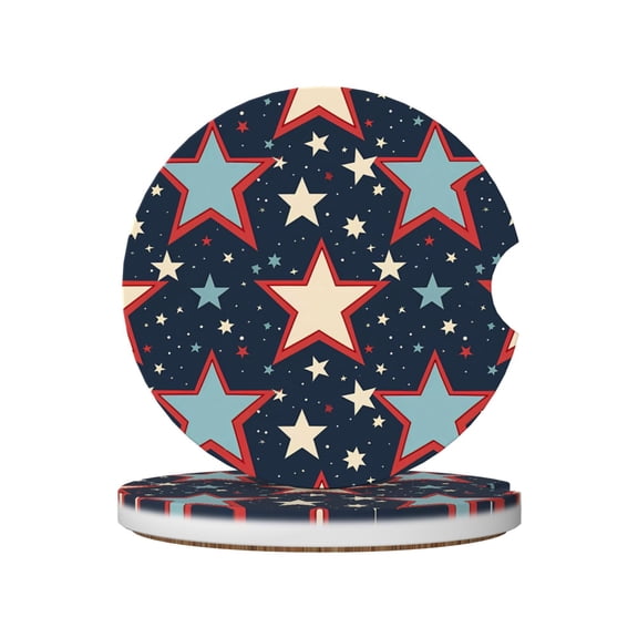 2pcs Ceramic Car Coasters Standard Size With Cork Base And Removal Notch Fits Most Vehicles Truck Suv Boat Coffee Drink Drip Catcher Independence Day Theme Elements Star (6)