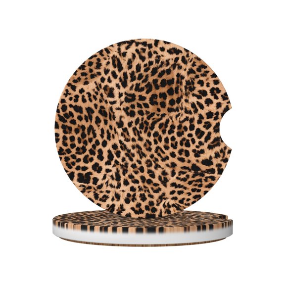 2pcs Ceramic Car Coasters Standard Size With Cork Base And Removal Notch Fits Most Vehicles Truck Suv Boat Coffee Drink Drip Catcher Leopard Print Pattern