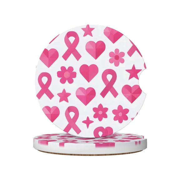 2pcs Ceramic Car Coasters Standard Size With Cork Base And Removal Notch Fits Most Vehicles Truck Suv Boat Coffee Drink Drip Catcher Modern Pink Ribbon Pattern With Geometric Elements