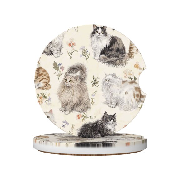 2pcs Ceramic Car Coasters Standard Size With Cork Base And Removal Notch Fits Most Vehicles Truck Suv Boat Coffee Drink Drip Catcher Stylish Long-Haired Cat