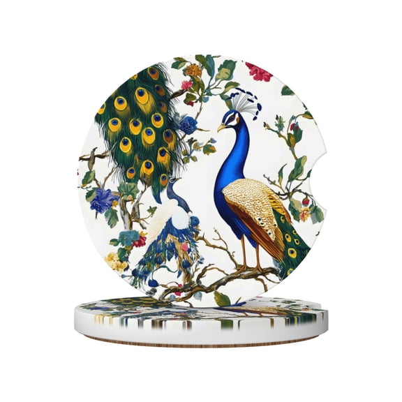 2pcs Ceramic Car Coasters Standard Size With Cork Base And Removal Notch Fits Most Vehicles Truck Suv Boat Coffee Drink Drip Catcher Chic Peacock