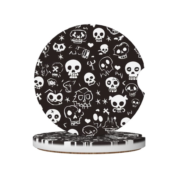 2pcs Ceramic Car Coasters Standard Size With Cork Base And Removal Notch Fits Most Vehicles Truck Suv Boat Coffee Drink Drip Catcher Weird Skull Head