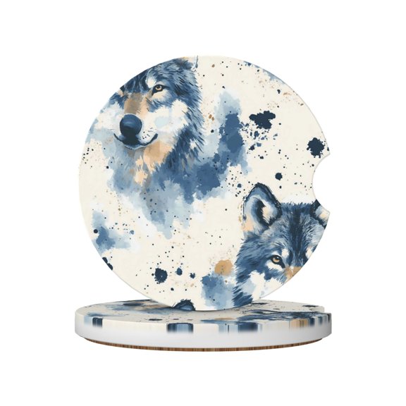 2pcs Ceramic Car Coasters Standard Size With Cork Base And Removal Notch Fits Most Vehicles Truck Suv Boat Coffee Drink Drip Catcher Wolf