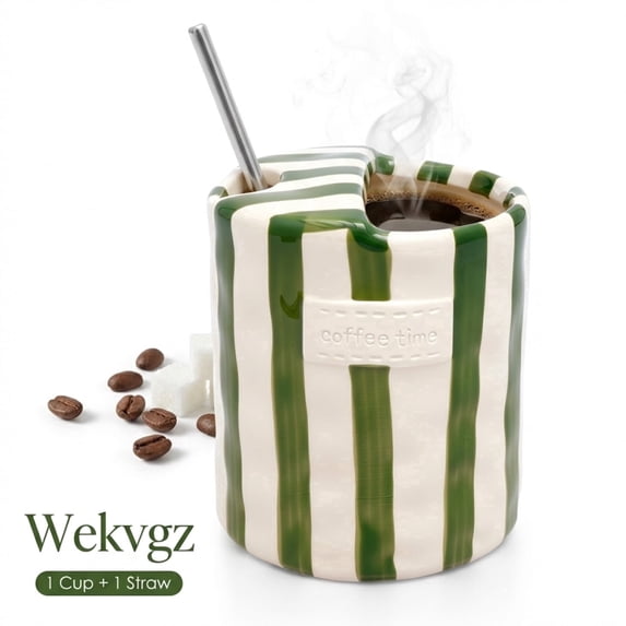 10oz Striped Ceramic Coffee Mug with Sip Hole and Straw Retro Hand Painted Handleless Cup for Espresso and Iced Latte Green 1 Pack