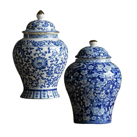 2pcs Ceramic Ginger Jar Oriental Flower Vase with Lid Home Desktop Decor