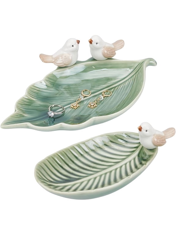 2pcs Ceramic Jewellery Tray Decorative Leaf Shape Key Plate Necklace Ring Holder Jewellery Tray Gifts Trinket Trays for Nightstand Countertop Organization 5.9~8.9 Inch