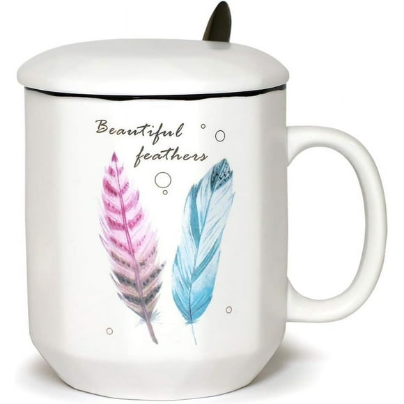 2pcs Ceramic Mug Design with Spoon and Lid Fine Porcelain Perfect for Coffee, Tea, Beverage (-2)