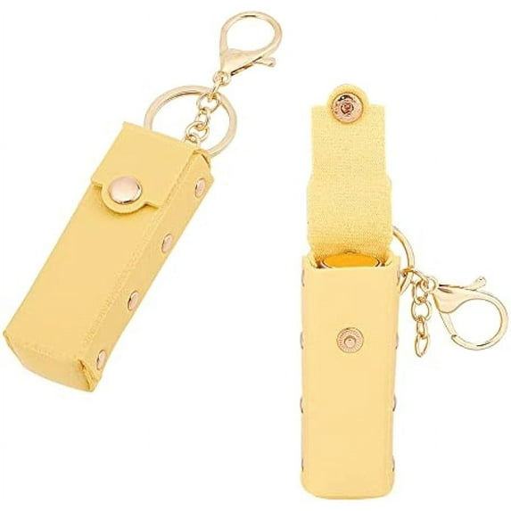 2pcs Chapstick Keychain Holder 6 Inch PU Leather Lipstick Organizer Holder with Keychain Mini Lip Gloss Travel Storage Case Portable Snap-On Lip Balm Sleeves for Women Gift Yellow