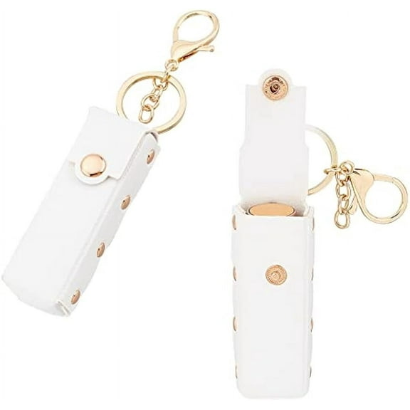 2pcs Chapstick Keychain Holder 6 Inch PU Leather Lipstick Organizer Holder with Keychain Mini Lip Gloss Travel Storage Case Portable Snap-On Lip Balm Sleeves for Women Gift White