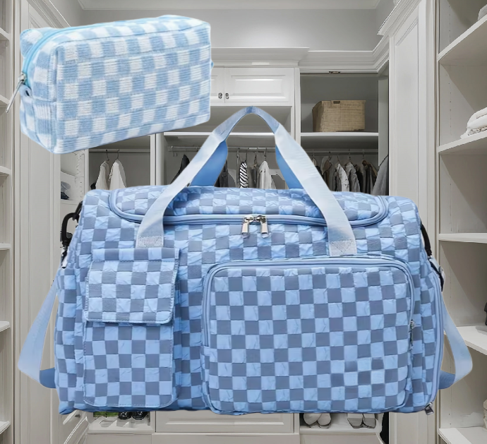2pcs Checkered Travel Duffel Bag with Makeup Bag for Women Foldable Gym Bag Carry On Weekender Bag with Shoe Compartment,Detachable Straps For Travel, Business And Fitness