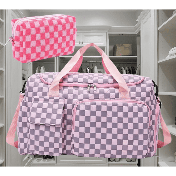2pcs Checkered Travel Duffel Bag with Makeup Bag for Women Foldable Gym Bag Carry On Weekender Bag with Shoe Compartment,Detachable Straps For Travel, Business And Fitness