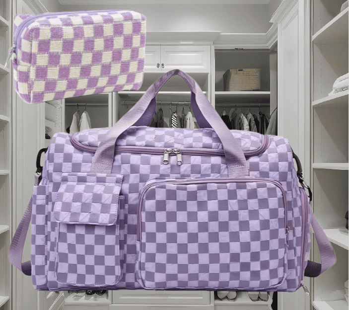 2pcs Checkered Travel Duffel Bag with Makeup Bag for Women Foldable Gym Bag Carry On Weekender Bag with Shoe Compartment,Detachable Straps For Travel, Business And Fitness