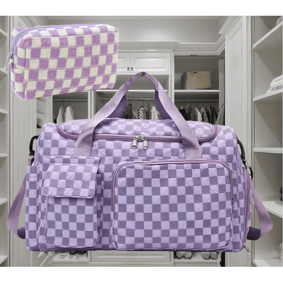 2pcs Checkered Travel Duffel Bag with Makeup Bag for Women Foldable Gym Bag Carry On Weekender Bag with Shoe Compartment,Detachable Straps For Travel, Business And Fitness