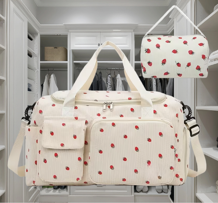 2pcs Checkered Travel Duffel Bag with Makeup Bag for Women Foldable Gym Bag Carry On Weekender Bag with Shoe Compartment,Detachable Straps For Travel, Business And Fitness