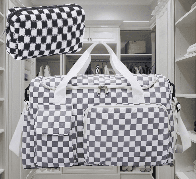 2pcs Checkered Travel Duffel Bag with Makeup Bag for Women Foldable Gym Bag Carry On Weekender Bag with Shoe Compartment,Detachable Straps For Travel, Business And Fitness