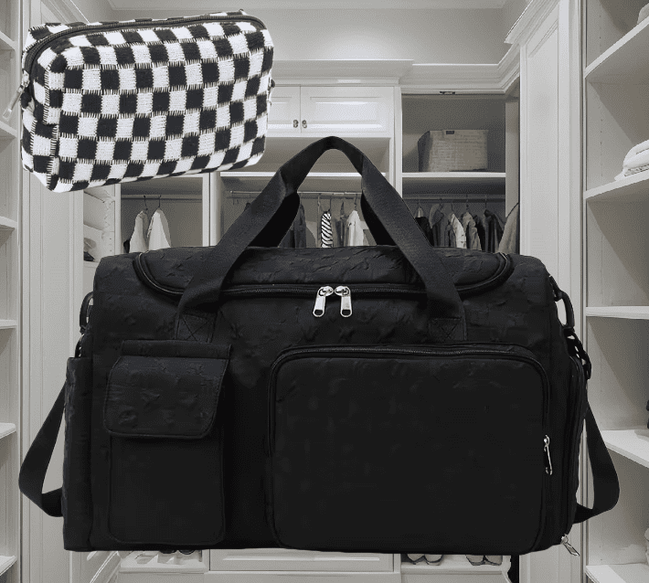 2pcs Checkered Travel Duffel Bag with Makeup Bag for Women Foldable Gym Bag Carry On Weekender Bag with Shoe Compartment,Detachable Straps For Travel, Business And Fitness