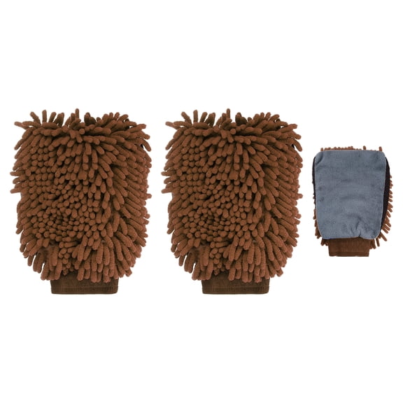 2pcs Chenille Microfiber Car Wash Mitts 9.8" x 7.9" Scratch Free Wash Gloves Absorbent Double Sided Plush Cleaning Drying Mitts for Car Washing Home Clean, Brown