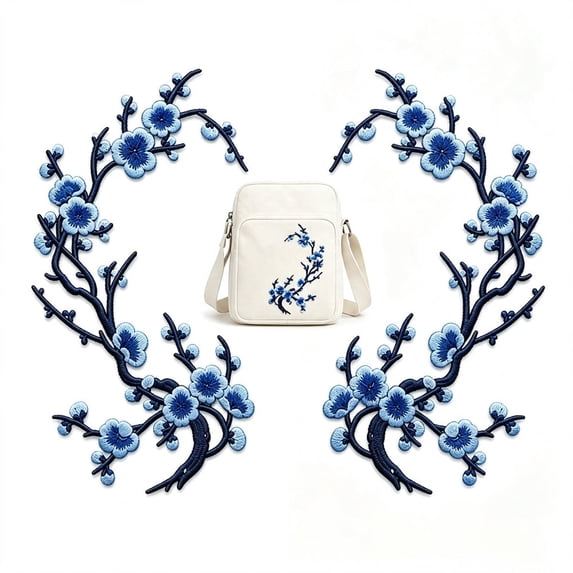 2pcs Cherry Blossom Iron On Patches, Artrylin Embroidered Flower Applique Patches for Jackets, Backpacks, Jeans, Dresses, Hats & DIY Clothing Repair and Decoration (Blue)