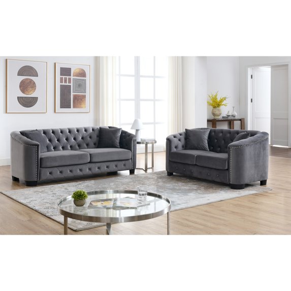 2pcs Chesterfield Sofa Set, Velvet Couch with Deep-Button Tufting, Modern Classic Design Sofa Quilted Upholstery, Furniture for Living Room, Office, Salon, Lounge, 2S with 3S Combination, Grey
