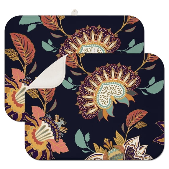 2pcs Chic Paisley Pattern Kitchen Mat Colorful Vibrant Floral Absorbent Microfiber Drying Pad Foldable for Countertop