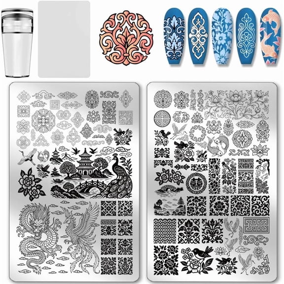 2pcs Chinese Style Nail Stamp Plate Porcelain Texture Print Art Template Stainless Steel Nail Image Plate Dragon Pattern Nails Stencils