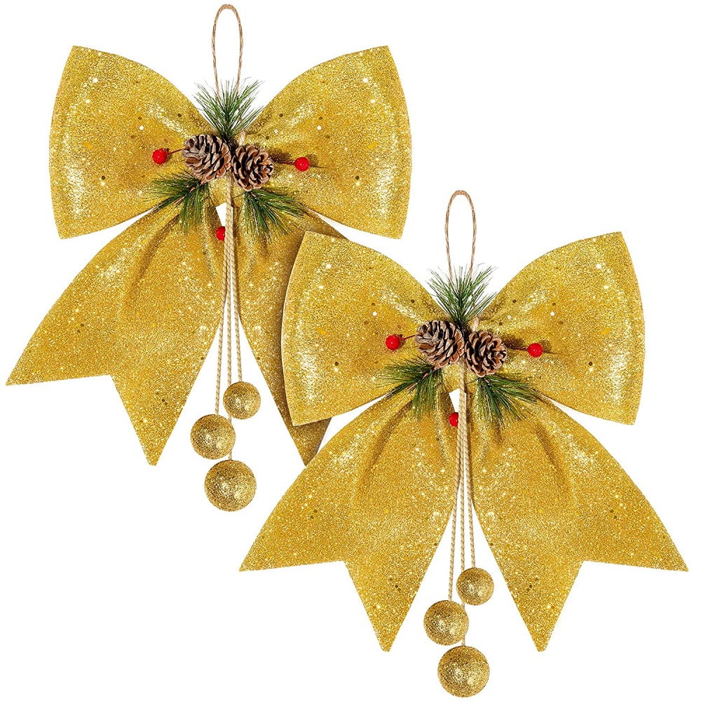 2pcs Christmas Bow Decorations, Gold Wreaths Bows, Large Christmas Tree Bow, Sequin Bow Ties, Xmas Decorative Bows Ornaments for Home Christmas Party, 9.8 x 11.8in