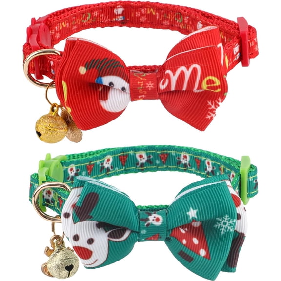 2pcs Christmas Bow Tie Cat Collar, Adjustable Snowman Cat Collars with Bells Kitten Cute Holiday Kitten Collar Christmas Accessories for Cats Dogs