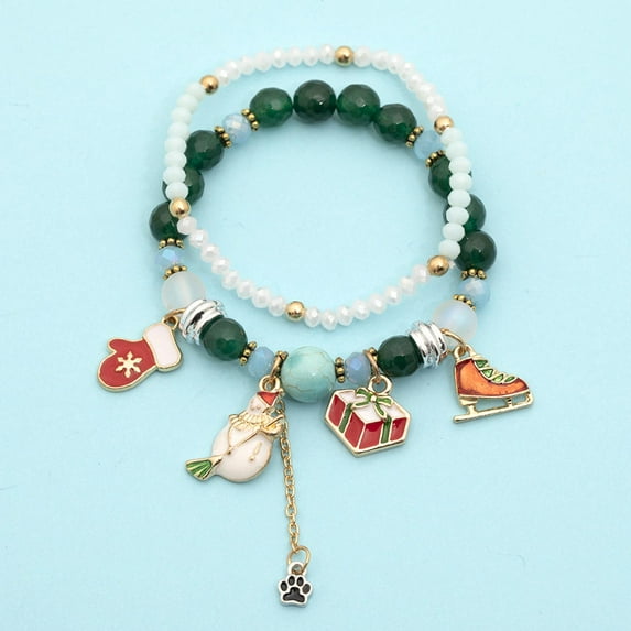 2pcs Christmas Charm Bracelet Holiday Jewelry Set for Womens Girls, Xmas Stretch Beaded Bracelet Christmas Snowman Snowflake Deer Claus Christmas Tree Bracelet Crutches Christmas