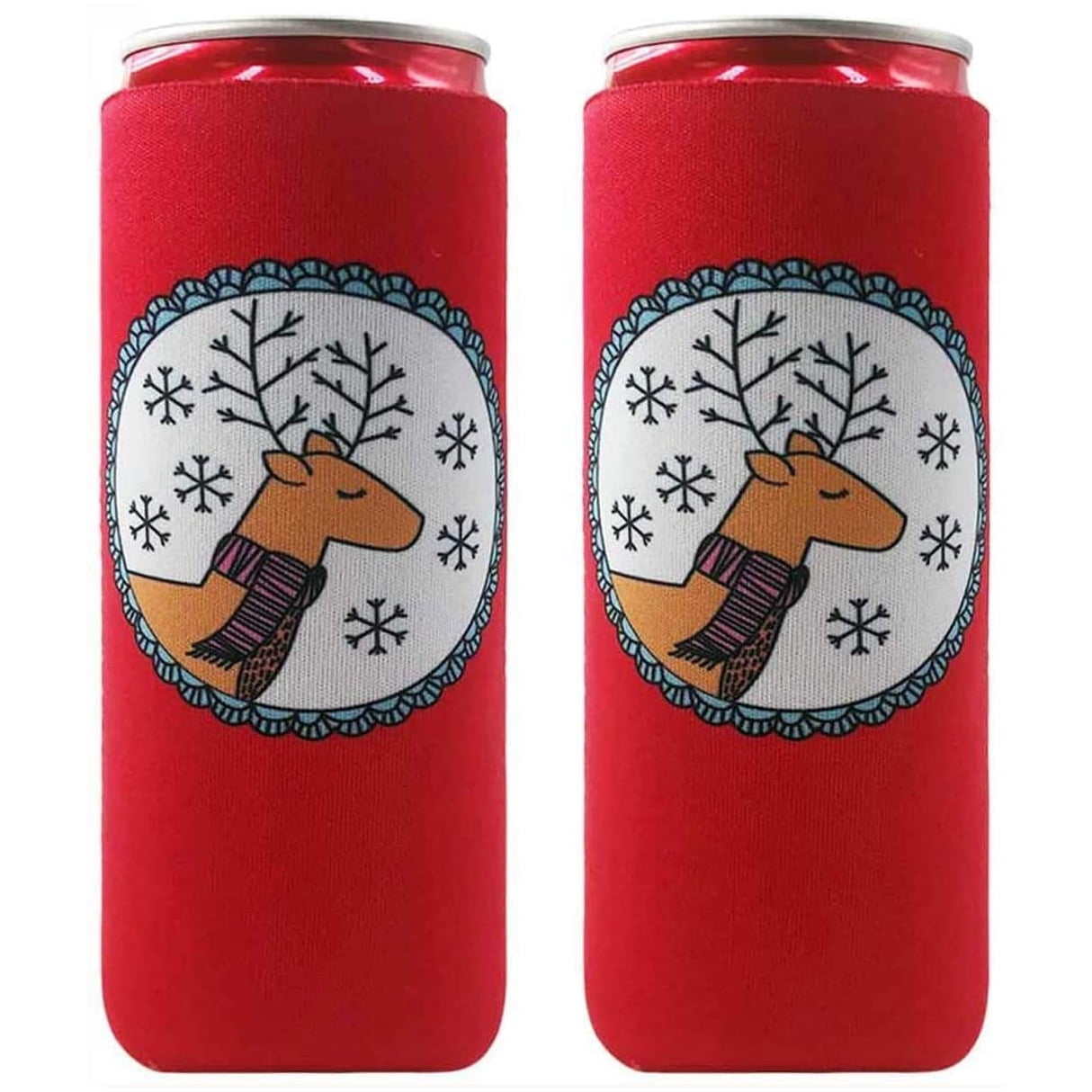 2pcs Christmas Day Neoprene Slim Can Sleeves Cooler, Colourful Neoprene Beer Cooler, for Red Bull, White Claw, 12oz Slim cans for Relatives, Children, Parents, Wife (Deer)