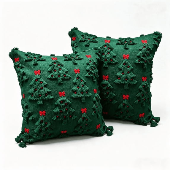 2pcs Christmas Decorative Pillow Covers 18x18 inch,Soft 3D Xmas Tree Plush Jacquard Throw Pillow Cover for Holiday Decor,Square Pillow Cases for Sofa Couch Cushion Living Room,D