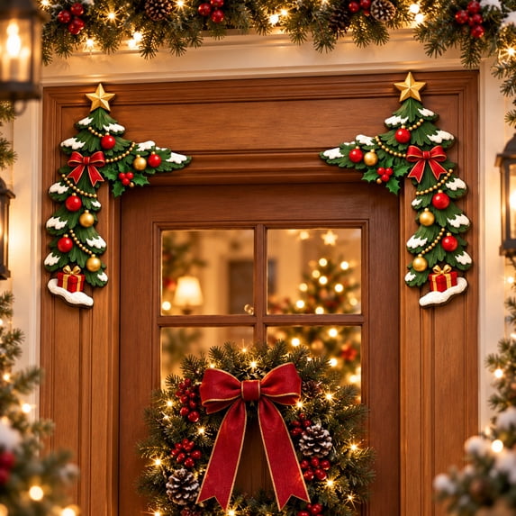 2pcs Christmas Door Frame Corner Decor, Wooden Peeking Holiday Decorations for Left and Right Door Corners, Festive Christmas Wood Accents for Doorway and Seasonal Display, F