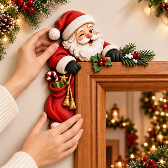 2pcs Christmas Door Frame Corner Decor, Wooden Peeking Holiday Decorations for Left and Right Door Corners, Festive Christmas Wood Accents for Doorway and Seasonal Display, A